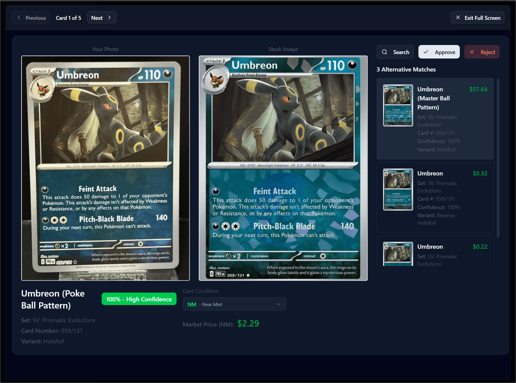 AI Recognition review panel showing matched cards with confidence scores