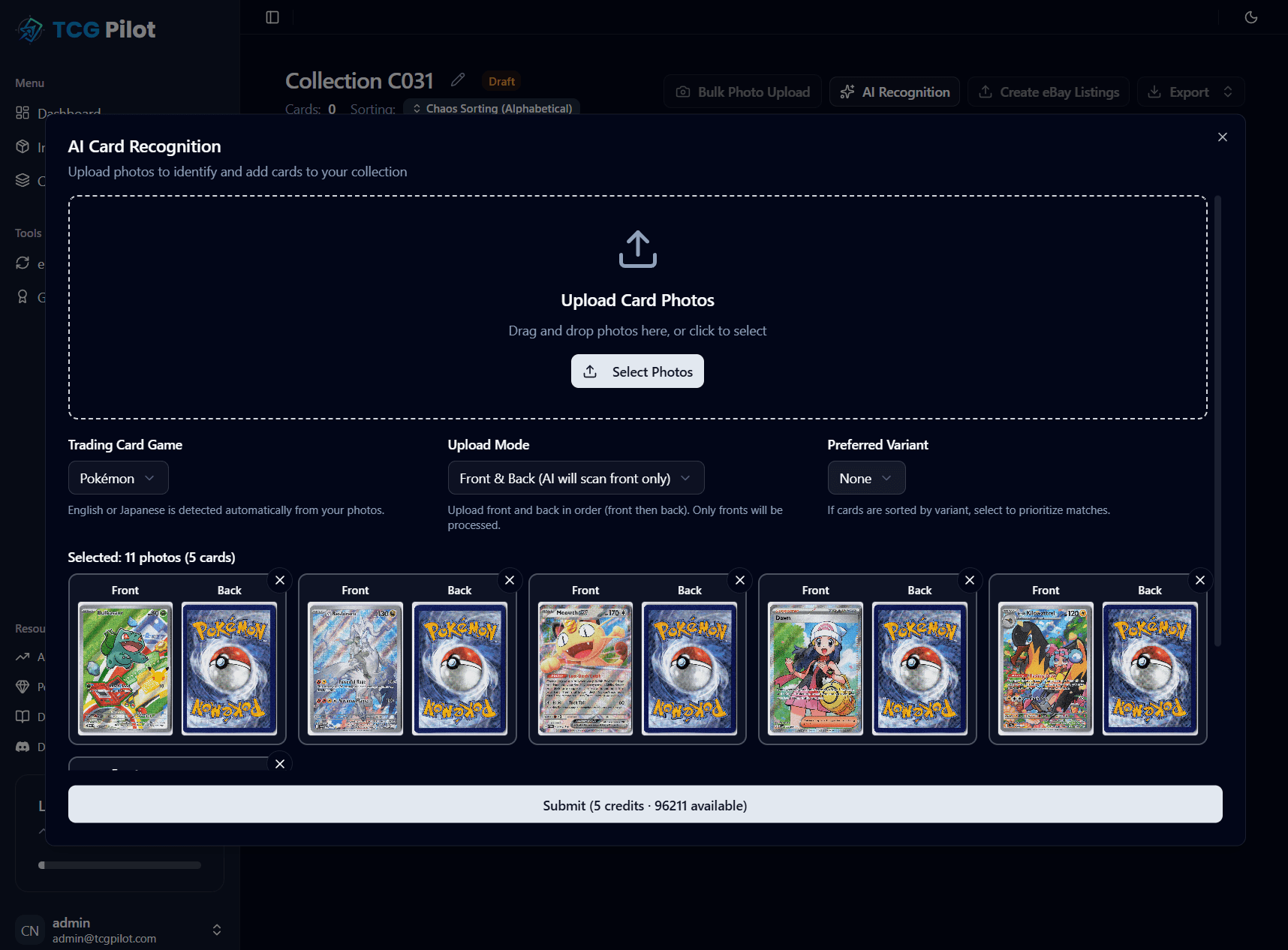 AI Recognition upload dialog with upload mode and category selectors