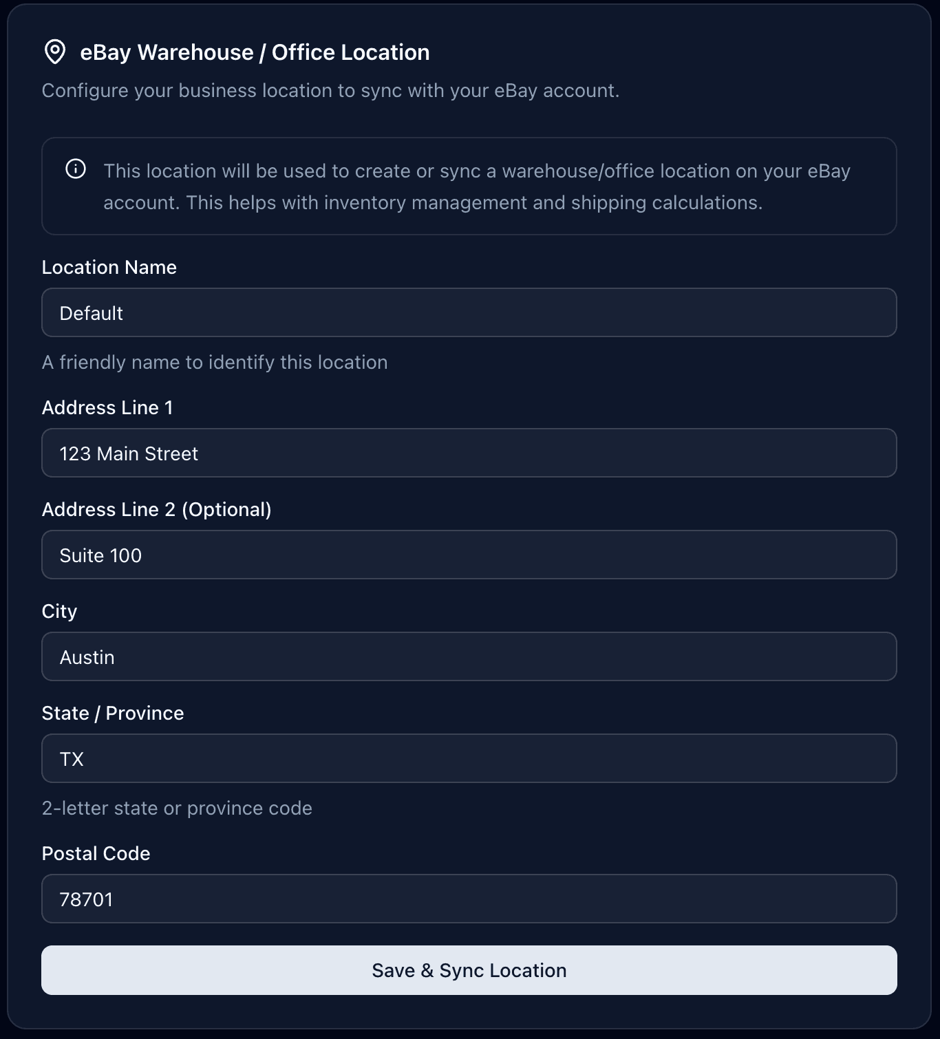 eBay Warehouse Location Form